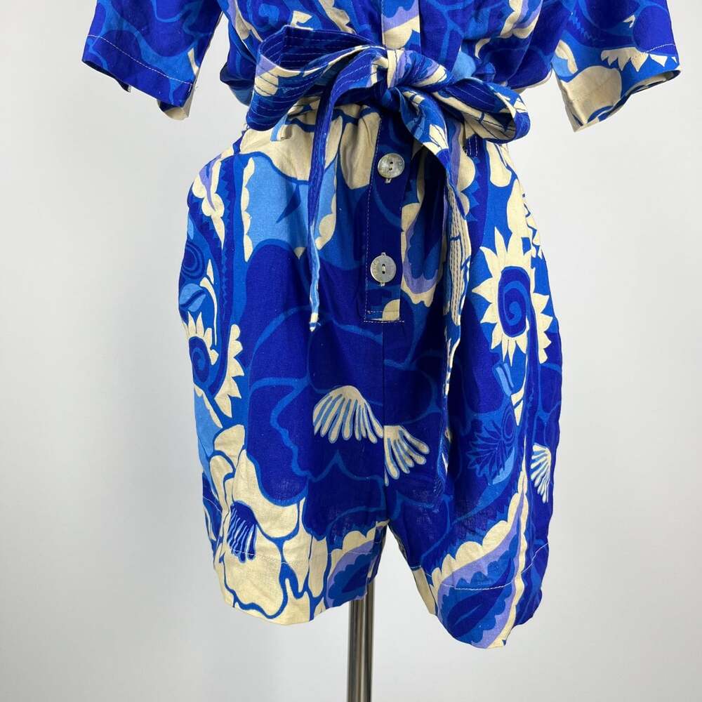 NWOT Farm Rio Linen-Blend Tropical Groove Belted Romper Blue Floral Size S - Picture 4 of 12